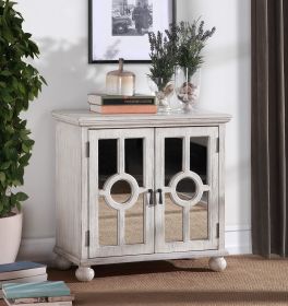 Classic Storage Cabinet Antique White 1pc Modern Traditional Accent Chest with Mirror Doors Pendant Pulls Wooden Furniture Living Room Bedroom