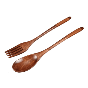 Uxcell Kitchenware Cutlery Non-slip Handle Spoon Fork Set Wood Brown 2 in 1
