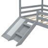 Twin Low Loft House Bed with Slide, Ladder, Safety Guardrails, House Roof Frame,Grey