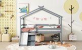 Twin Low Loft House Bed with Slide, Ladder, Safety Guardrails, House Roof Frame,Grey