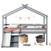 Twin Low Loft House Bed with Slide, Ladder, Safety Guardrails, House Roof Frame,Grey