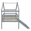 Twin Low Loft House Bed with Slide, Ladder, Safety Guardrails, House Roof Frame,Grey
