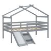 Twin Low Loft House Bed with Slide, Ladder, Safety Guardrails, House Roof Frame,Grey