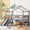 Twin Low Loft House Bed with Slide, Ladder, Safety Guardrails, House Roof Frame,Grey
