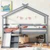 Twin Low Loft House Bed with Slide, Ladder, Safety Guardrails, House Roof Frame,Grey
