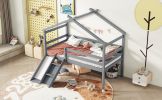 Twin Low Loft House Bed with Slide, Ladder, Safety Guardrails, House Roof Frame,Grey