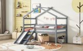 Twin Low Loft House Bed with Slide, Ladder, Safety Guardrails, House Roof Frame,Grey