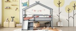 Twin Low Loft House Bed with Slide, Ladder, Safety Guardrails, House Roof Frame,Grey